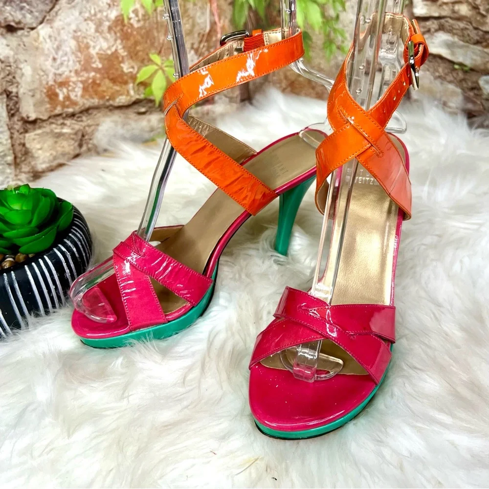 STUART WEITZMAN Patent Leather Multicolor Strappy Platform Sandals, 6.5 - Picture 5 of 15